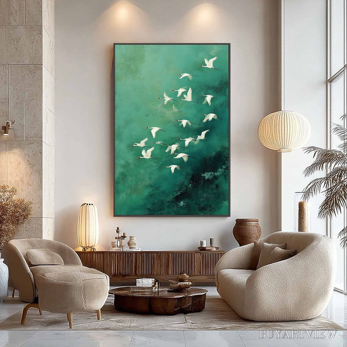 BUYARTVIEW Celestial Journey | Green Crane Abstract Vertical Oil Painting - image 4