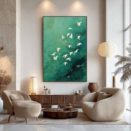 BUYARTVIEW Celestial Journey | Green Crane Abstract Vertical Oil Painting - image 4