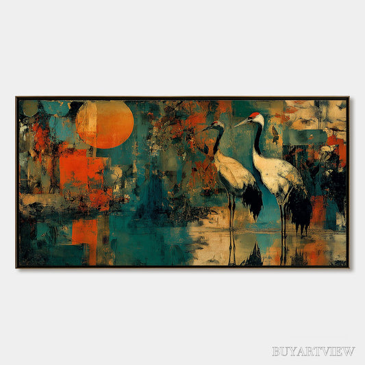 BUYARTVIEW Sunset Vigil – Abstract Crane Painting with Teal and Orange Tones - image 1