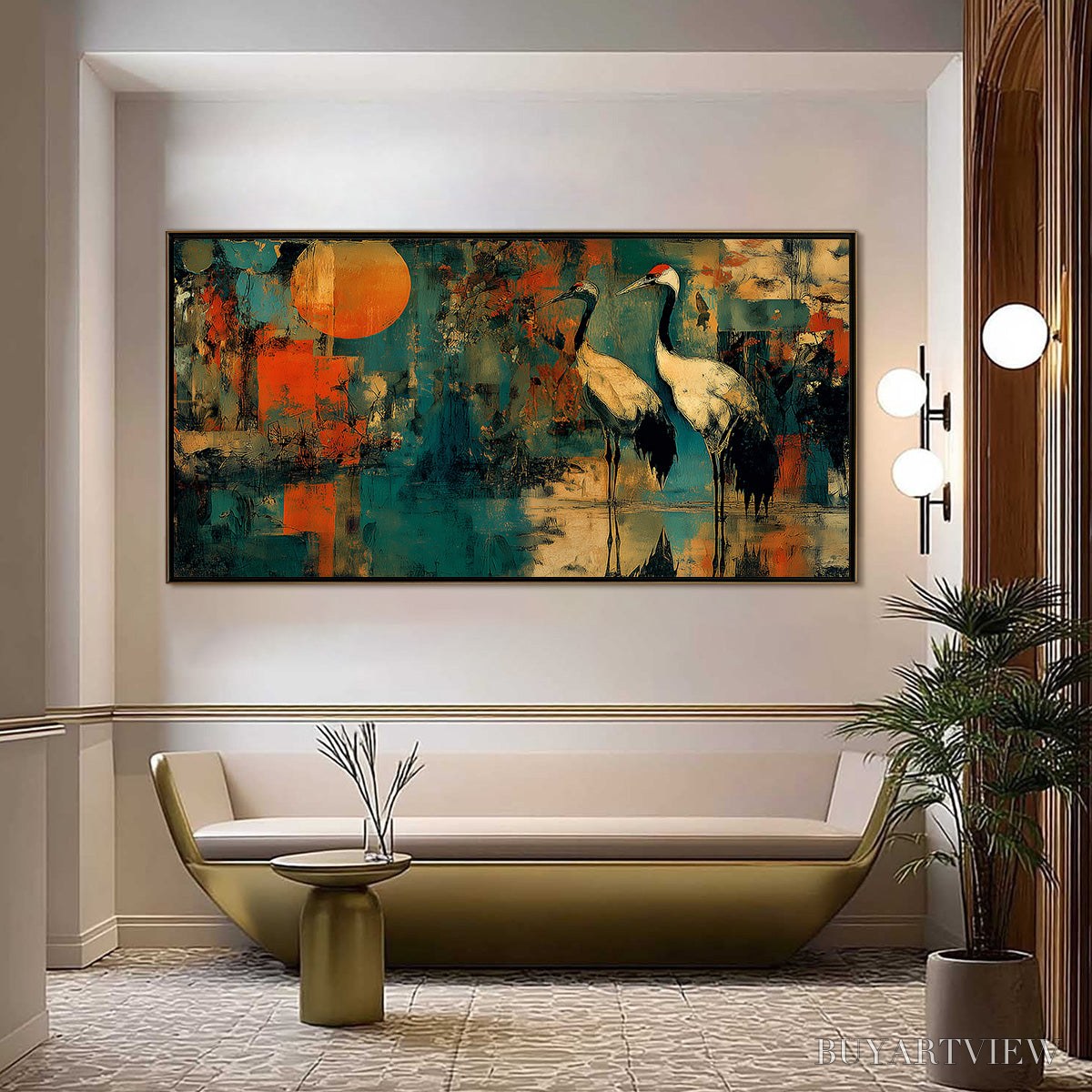 BUYARTVIEW Sunset Vigil – Abstract Crane Painting with Teal and Orange Tones - image 2