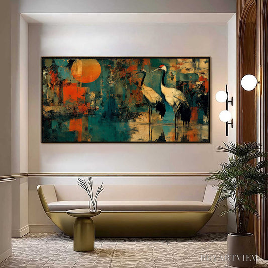 BUYARTVIEW Sunset Vigil – Abstract Crane Painting with Teal and Orange Tones - image 2
