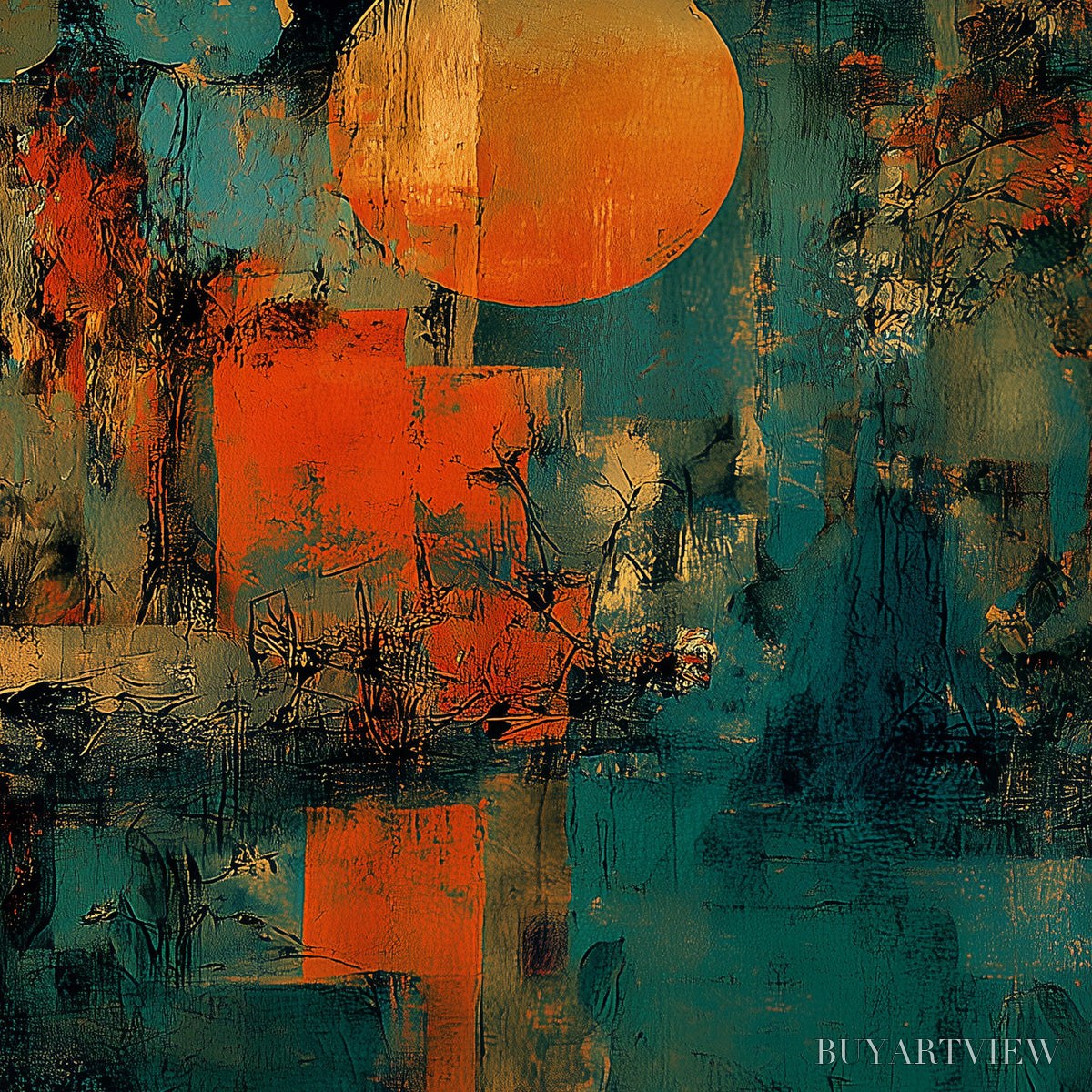 BUYARTVIEW Sunset Vigil – Abstract Crane Painting with Teal and Orange Tones - image 3