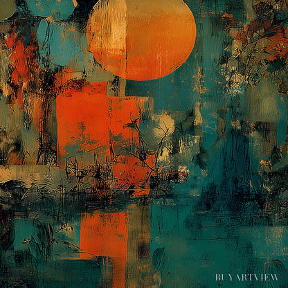BUYARTVIEW Sunset Vigil – Abstract Crane Painting with Teal and Orange Tones - image 3