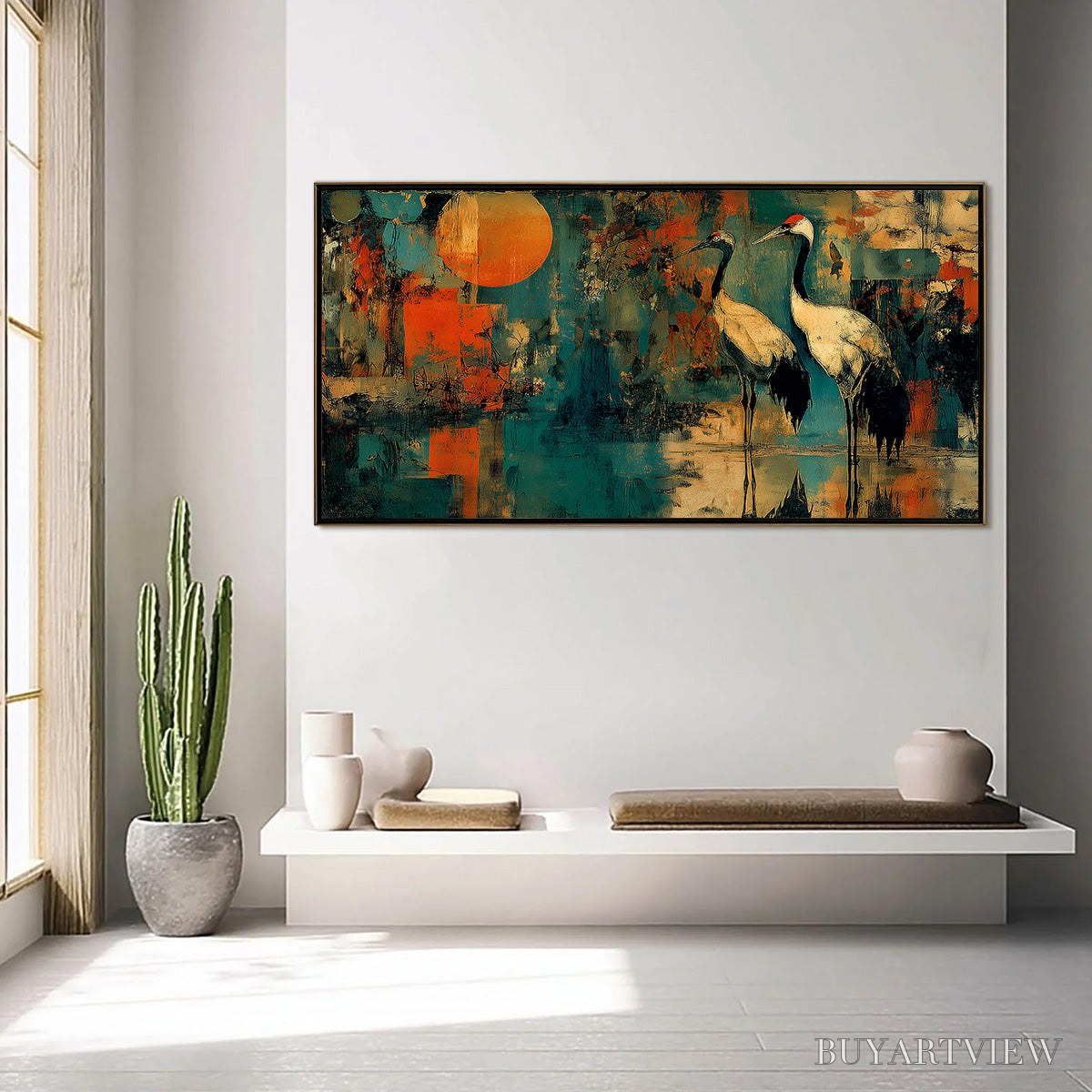 BUYARTVIEW Sunset Vigil – Abstract Crane Painting with Teal and Orange Tones - image 4