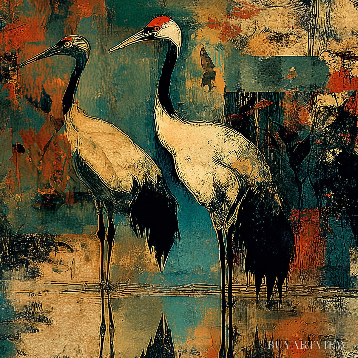 BUYARTVIEW Sunset Vigil – Abstract Crane Painting with Teal and Orange Tones - image 5