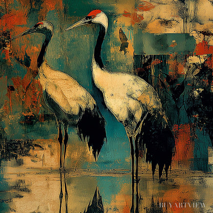 BUYARTVIEW Sunset Vigil – Abstract Crane Painting with Teal and Orange Tones - image 5