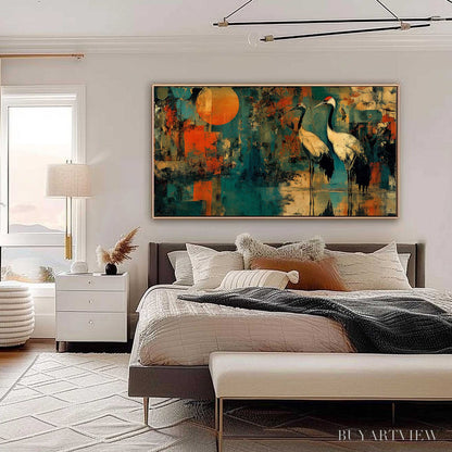 BUYARTVIEW Sunset Vigil – Abstract Crane Painting with Teal and Orange Tones - image 6