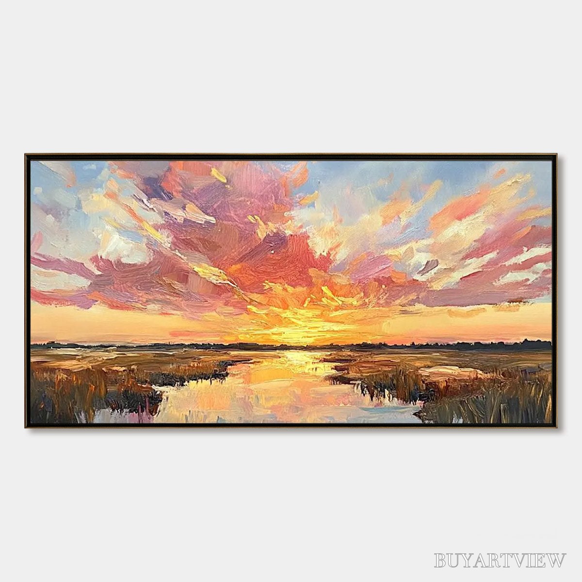 BUYARTVIEW Emberglow Marsh – Colorful Palette Knife Sunset Landscape Painting - image 1