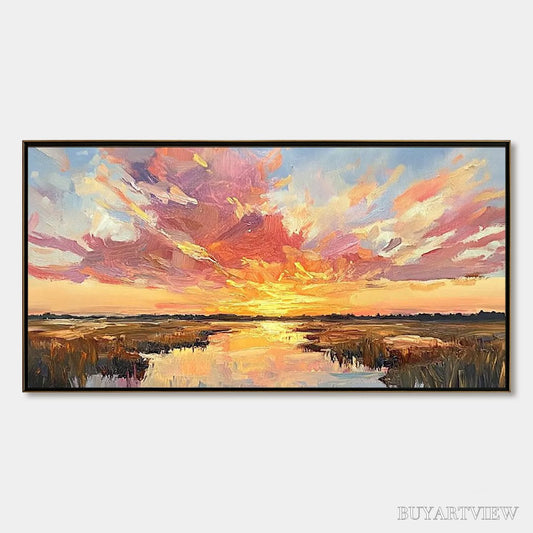BUYARTVIEW Emberglow Marsh – Colorful Palette Knife Sunset Landscape Painting - image 1