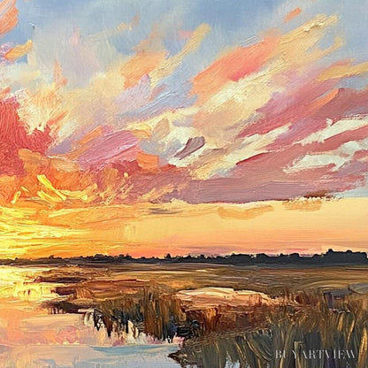 BUYARTVIEW Emberglow Marsh – Colorful Palette Knife Sunset Landscape Painting - image 3