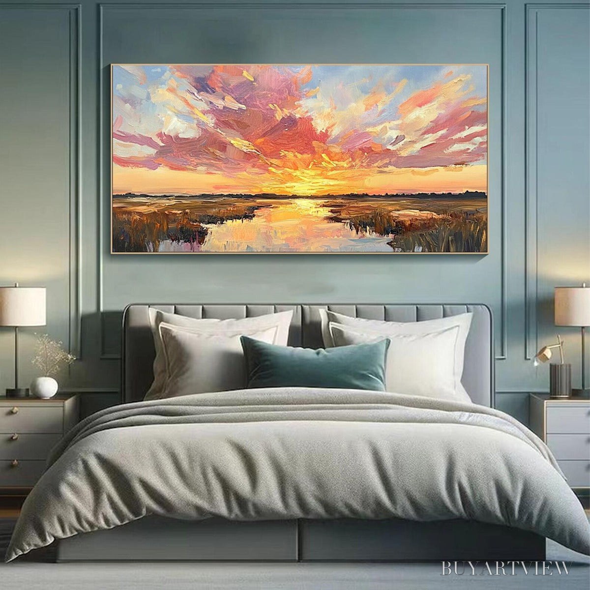 BUYARTVIEW Emberglow Marsh – Colorful Palette Knife Sunset Landscape Painting - image 4