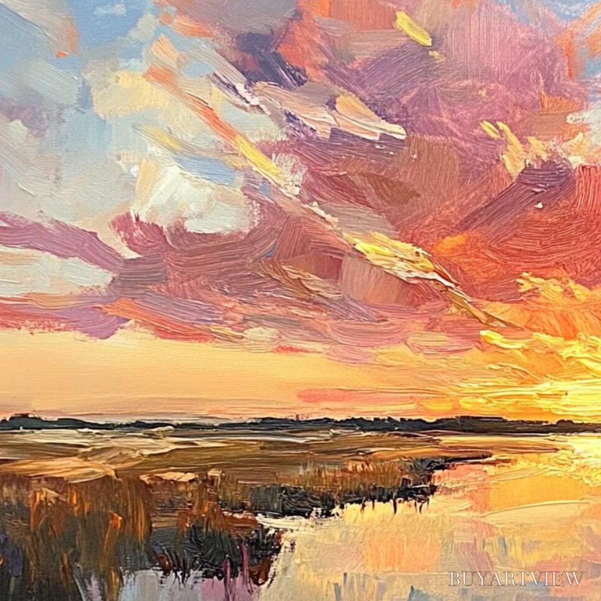 BUYARTVIEW Emberglow Marsh – Colorful Palette Knife Sunset Landscape Painting - image 5