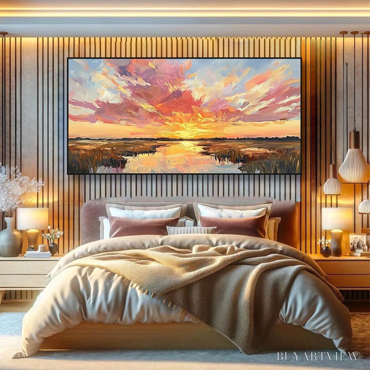 BUYARTVIEW Emberglow Marsh – Colorful Palette Knife Sunset Landscape Painting - image 6