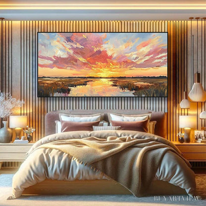 BUYARTVIEW Emberglow Marsh – Colorful Palette Knife Sunset Landscape Painting - image 6