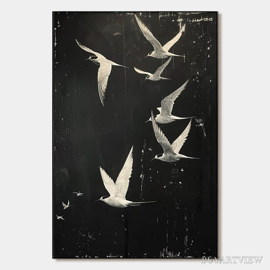 BUYARTVIEW Night Flight – Monochromatic Birds in Flight Oil Painting - image 1