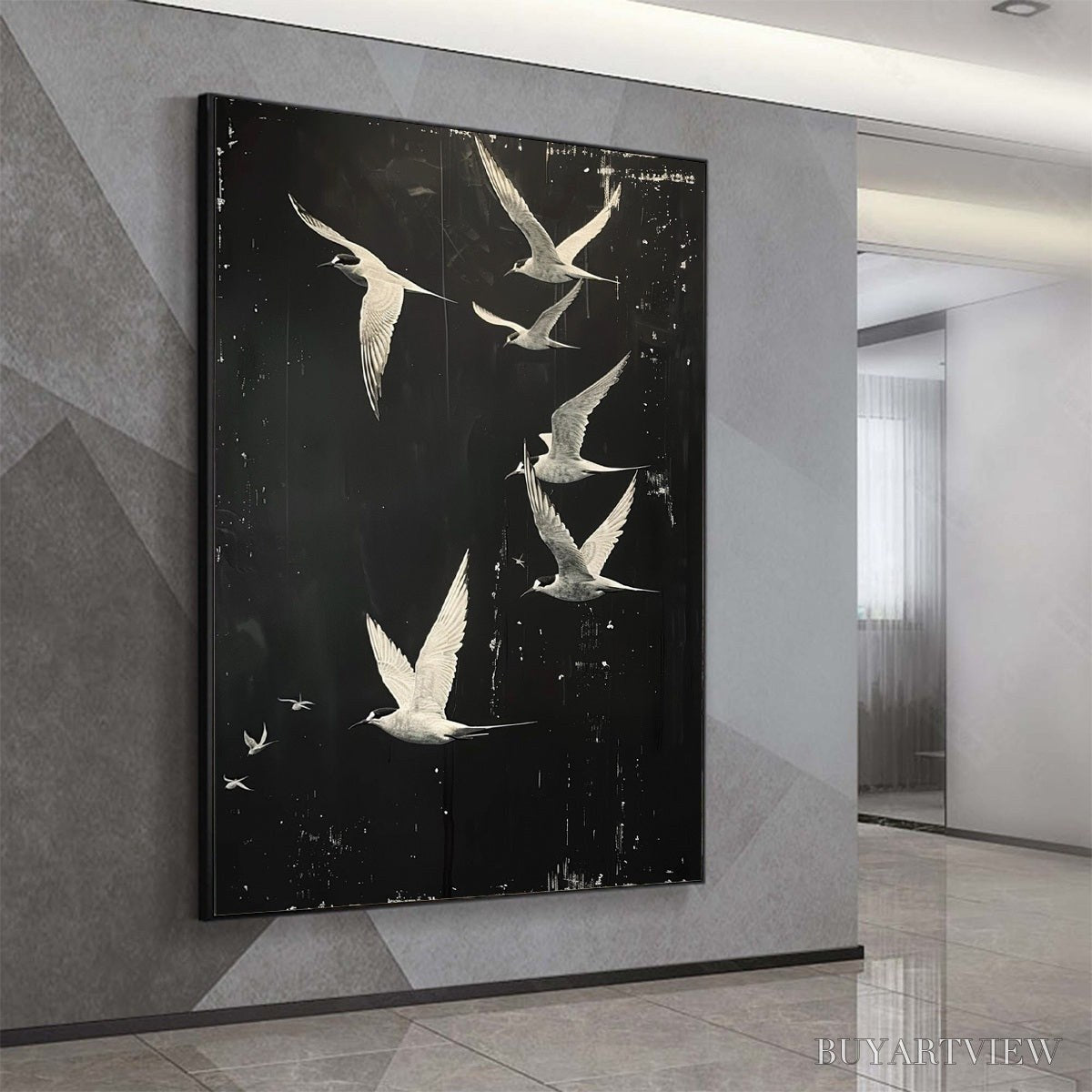 BUYARTVIEW Night Flight – Monochromatic Birds in Flight Oil Painting - image 4