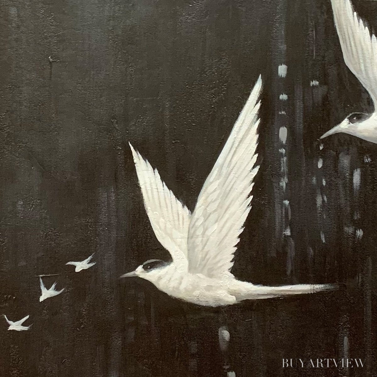 BUYARTVIEW Night Flight – Monochromatic Birds in Flight Oil Painting - image 5