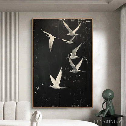 BUYARTVIEW Night Flight – Monochromatic Birds in Flight Oil Painting - image 6