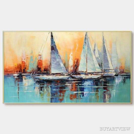 BUYARTVIEW Sailing At Sunset – Panoramic Sailboat Painting, Coastal , Blue, Orange, Living Room, Bedroom, Office - image 1