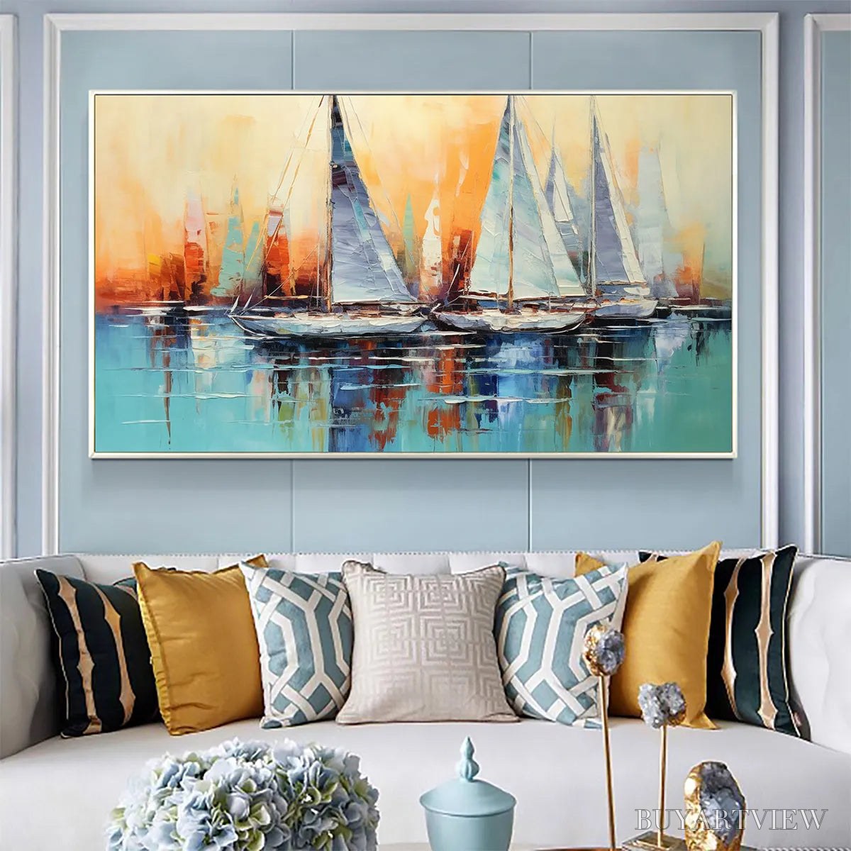 BUYARTVIEW Sailing At Sunset – Panoramic Sailboat Painting, Coastal , Blue, Orange, Living Room, Bedroom, Office - image 2
