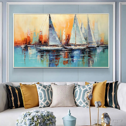 BUYARTVIEW Sailing At Sunset – Panoramic Sailboat Painting, Coastal , Blue, Orange, Living Room, Bedroom, Office - image 2