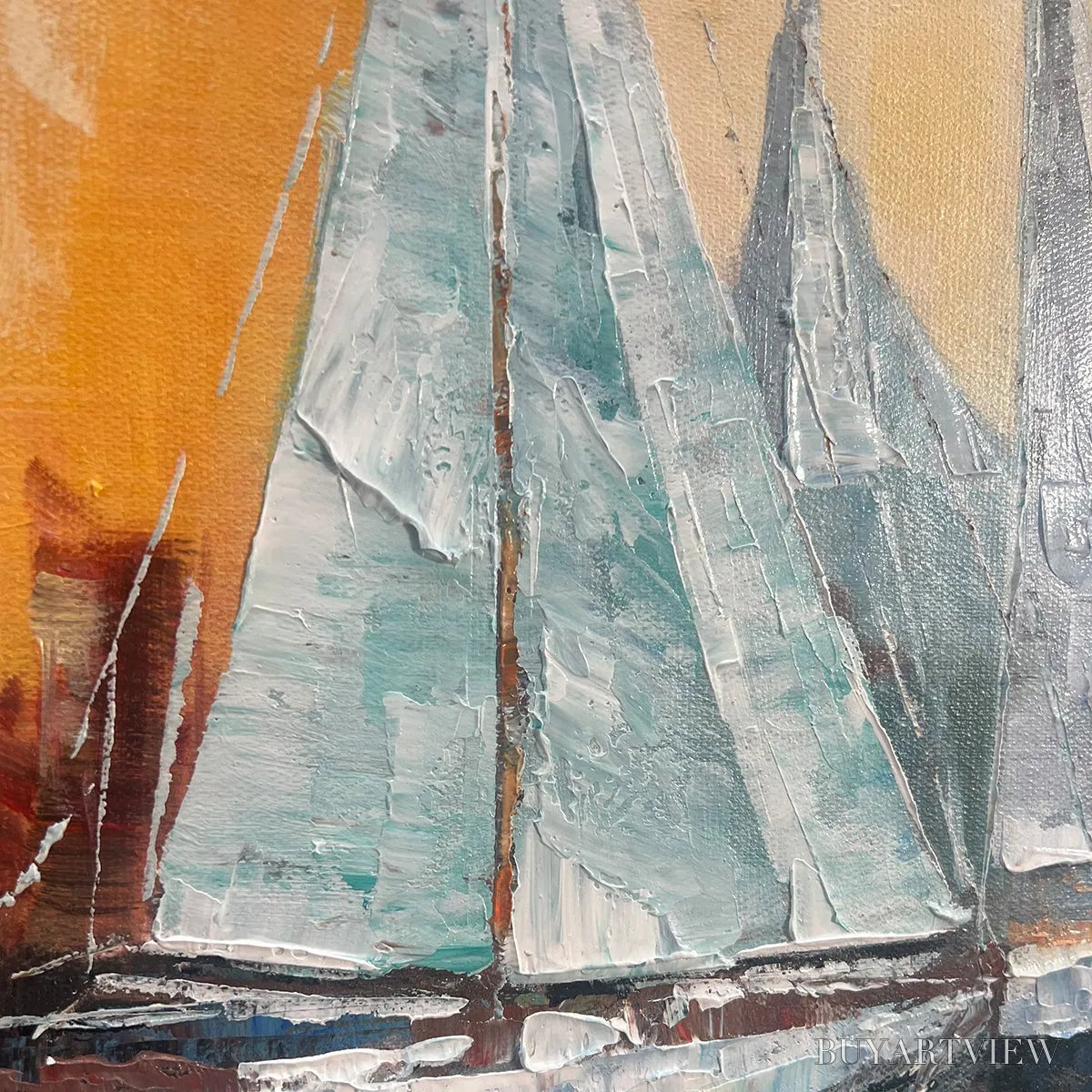 BUYARTVIEW Sailing At Sunset – Panoramic Sailboat Painting, Coastal , Blue, Orange, Living Room, Bedroom, Office - image 3