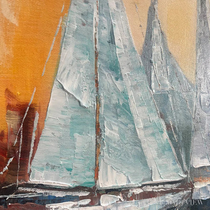 BUYARTVIEW Sailing At Sunset – Panoramic Sailboat Painting, Coastal , Blue, Orange, Living Room, Bedroom, Office - image 3