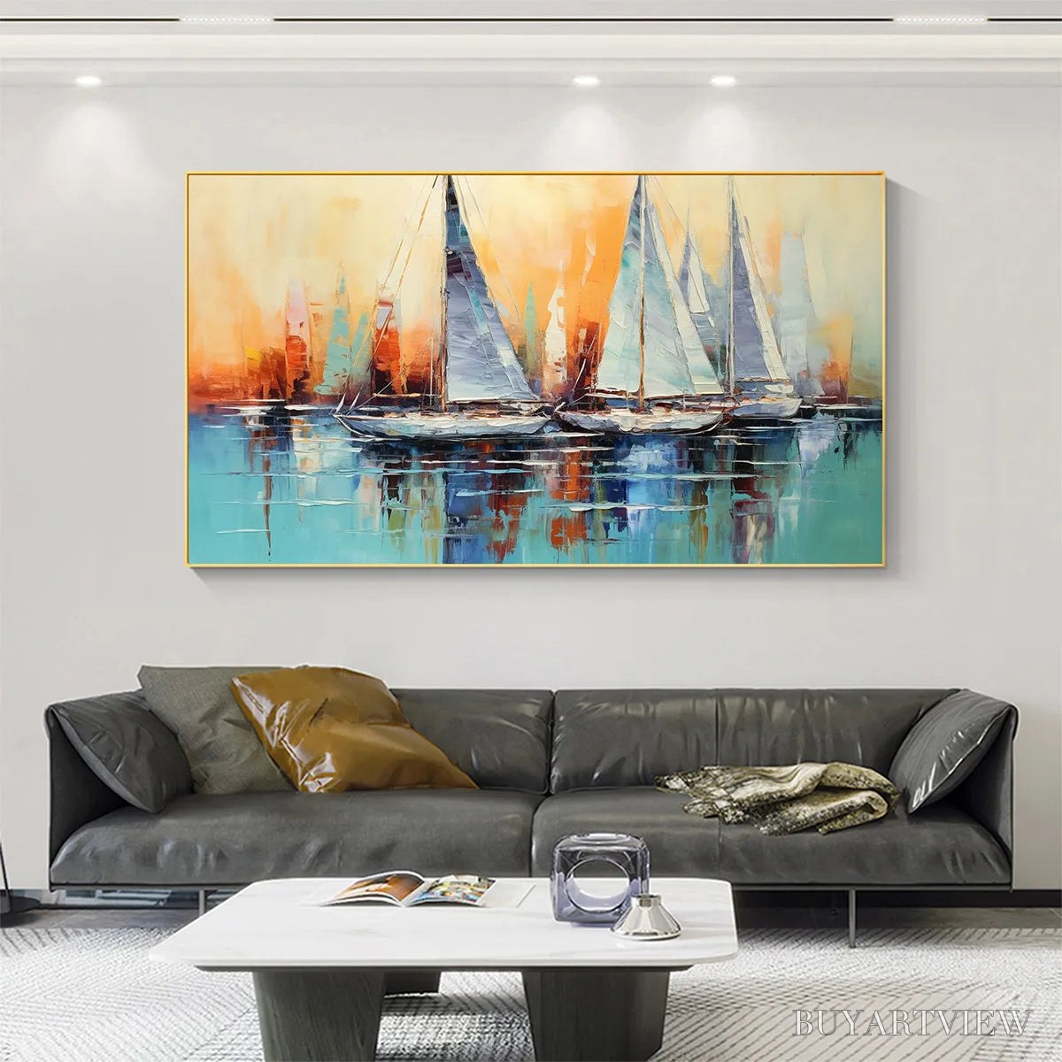 BUYARTVIEW Sailing At Sunset – Panoramic Sailboat Painting, Coastal , Blue, Orange, Living Room, Bedroom, Office - image 4
