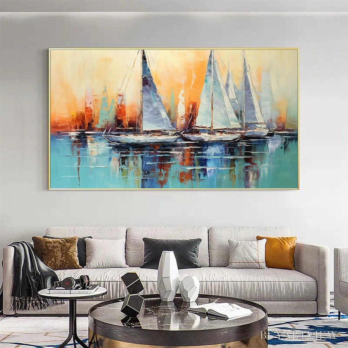 BUYARTVIEW Sailing At Sunset – Panoramic Sailboat Painting, Coastal , Blue, Orange, Living Room, Bedroom, Office - image 5
