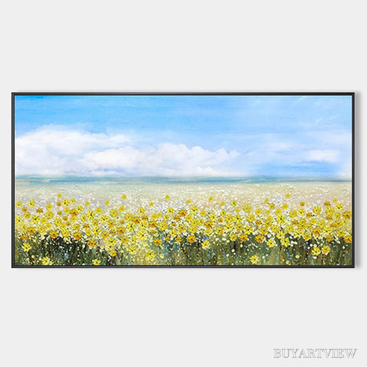 BUYARTVIEW Golden Hour Bloom – Landscape Oil Painting with Yellow Wildflowers and Blue Sky - image 1