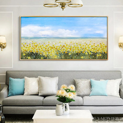 BUYARTVIEW Golden Hour Bloom – Landscape Oil Painting with Yellow Wildflowers and Blue Sky - image 2