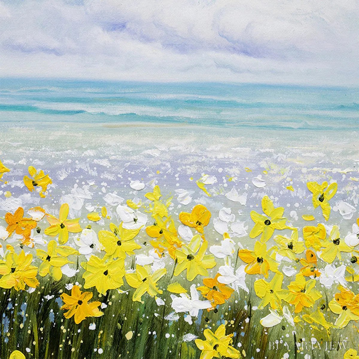 BUYARTVIEW Golden Hour Bloom – Landscape Oil Painting with Yellow Wildflowers and Blue Sky - image 3
