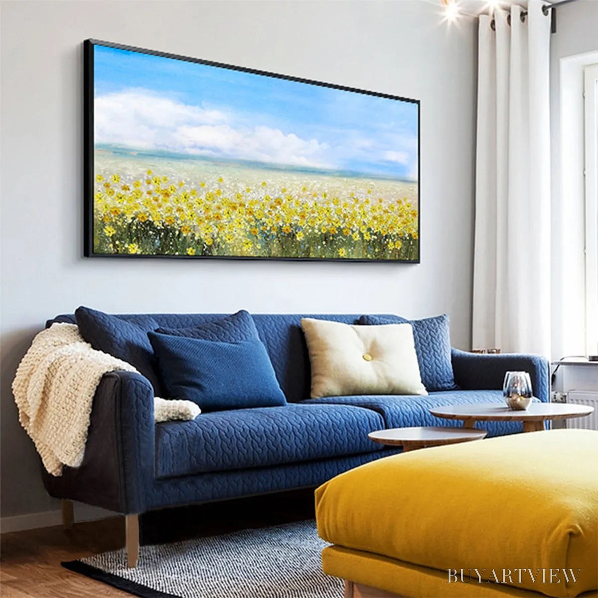 BUYARTVIEW Golden Hour Bloom – Landscape Oil Painting with Yellow Wildflowers and Blue Sky - image 4
