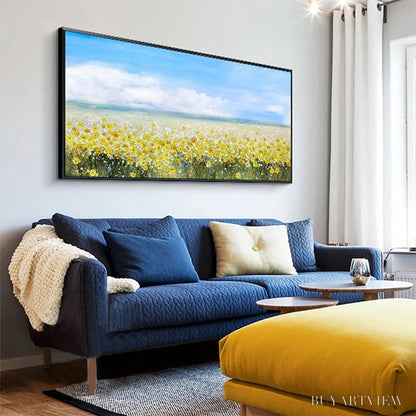 BUYARTVIEW Golden Hour Bloom – Landscape Oil Painting with Yellow Wildflowers and Blue Sky - image 4