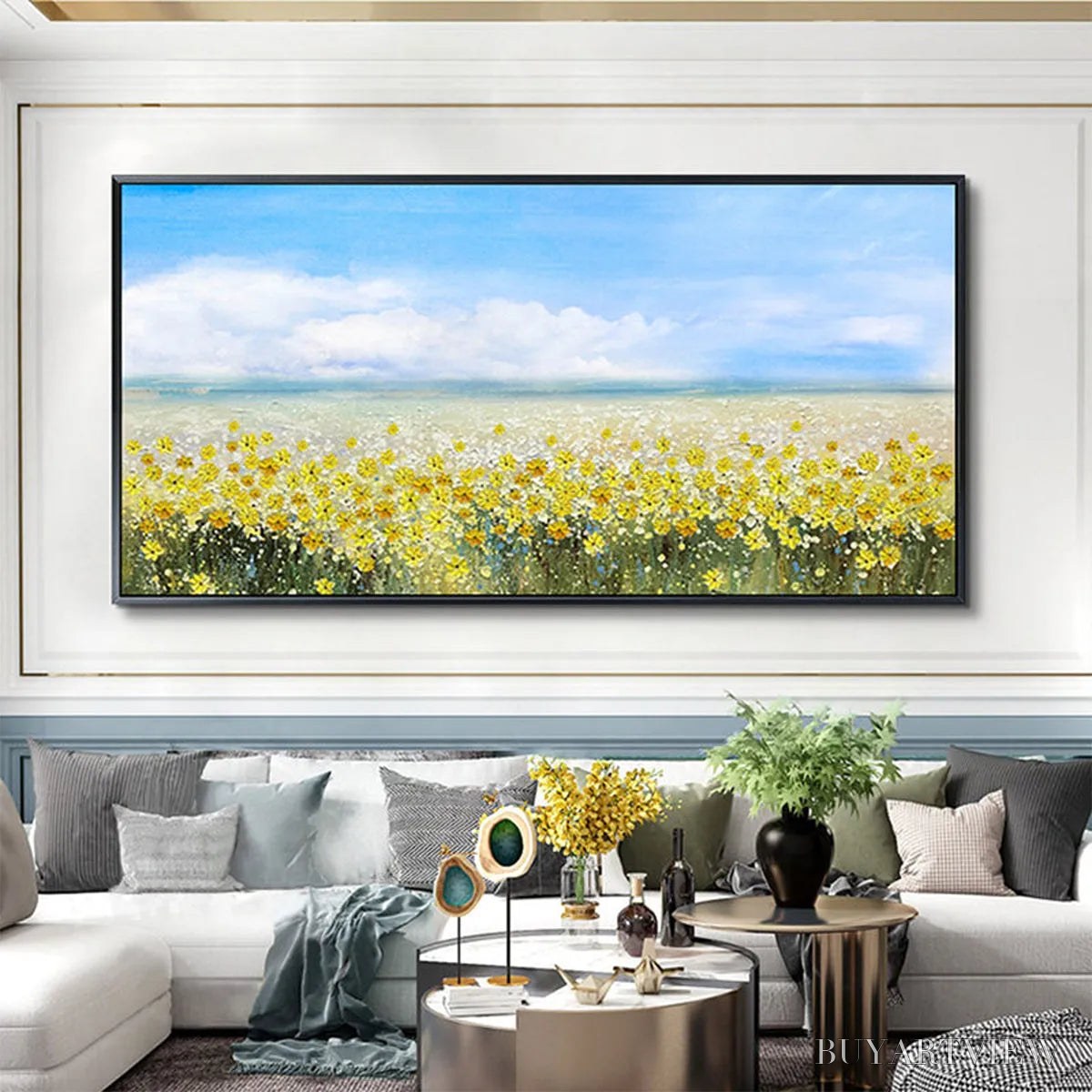 BUYARTVIEW Golden Hour Bloom – Landscape Oil Painting with Yellow Wildflowers and Blue Sky - image 5
