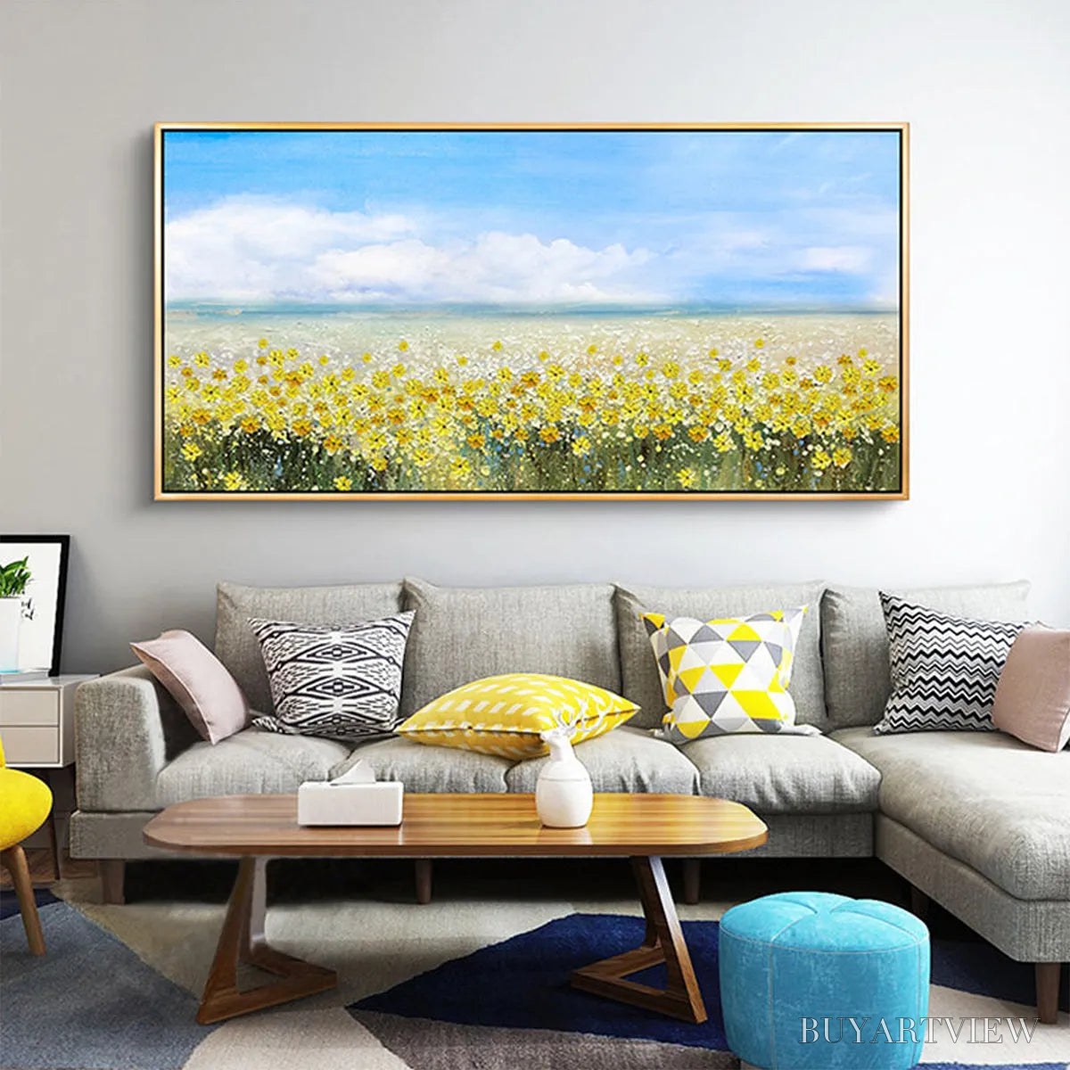BUYARTVIEW Golden Hour Bloom – Landscape Oil Painting with Yellow Wildflowers and Blue Sky - image 6