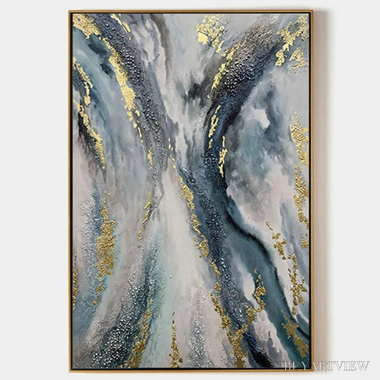 BUYARTVIEW Celestial River – Vertical Abstract Oil Painting with Gold Leaf Accents - image 1