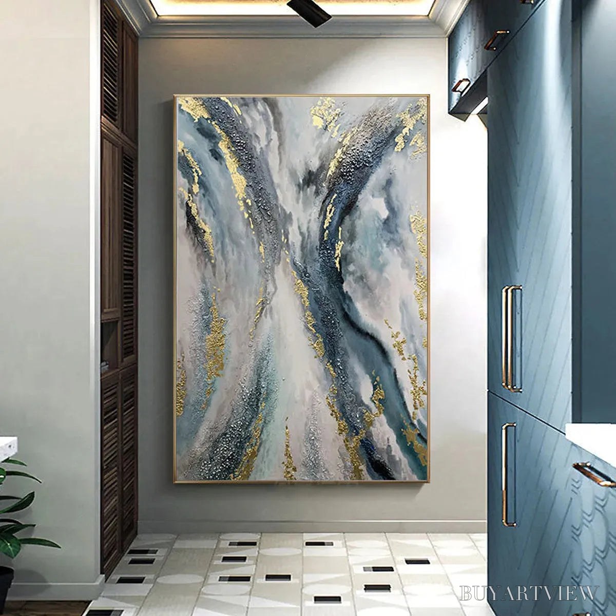 BUYARTVIEW Celestial River – Vertical Abstract Oil Painting with Gold Leaf Accents - image 2