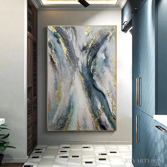 BUYARTVIEW Celestial River – Vertical Abstract Oil Painting with Gold Leaf Accents - image 2