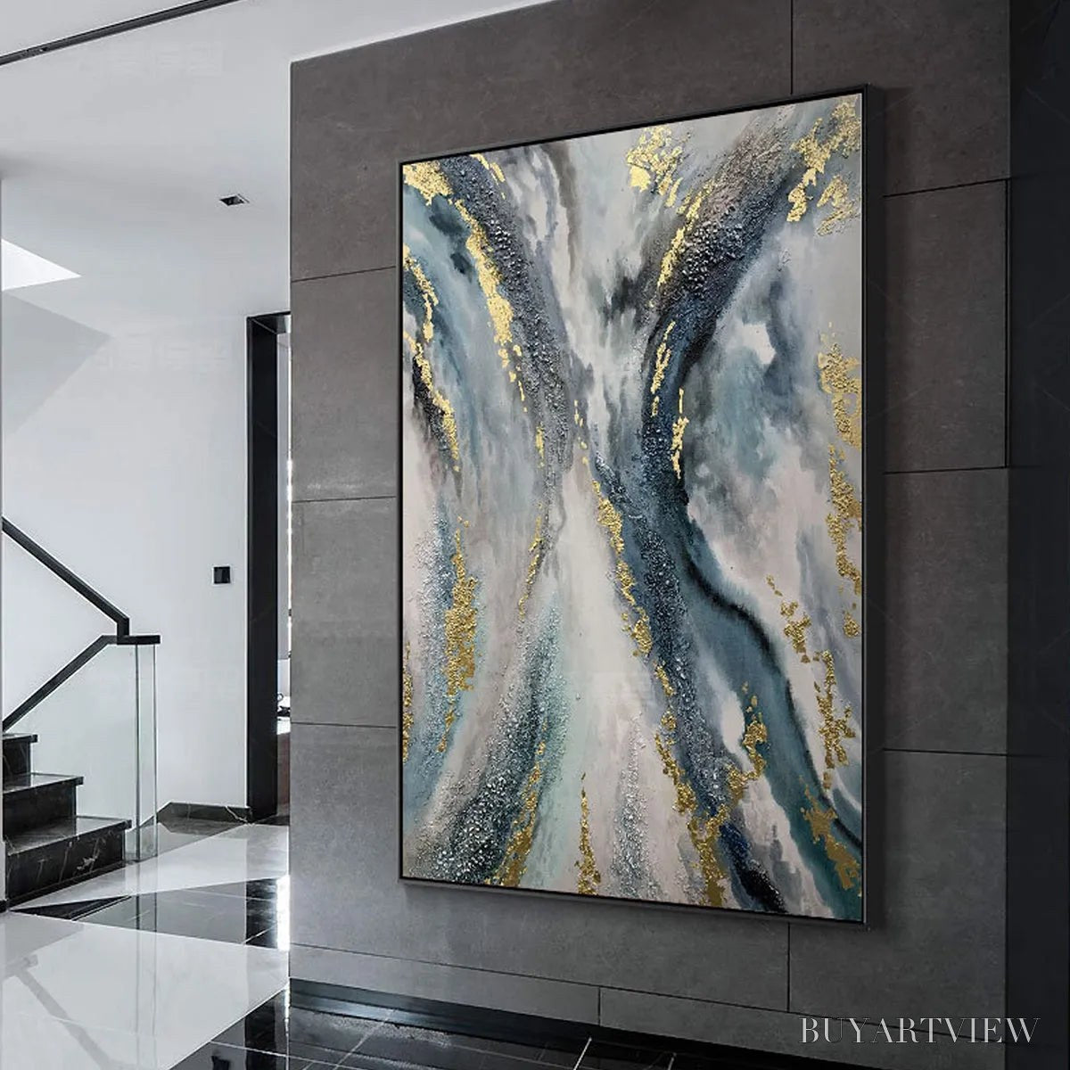 BUYARTVIEW Celestial River – Vertical Abstract Oil Painting with Gold Leaf Accents - image 5