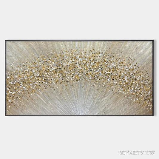 BUYARTVIEW Golden Aurora – Abstract Painting in Gold and Beige, Horizontal Canvas, Modern - image 1