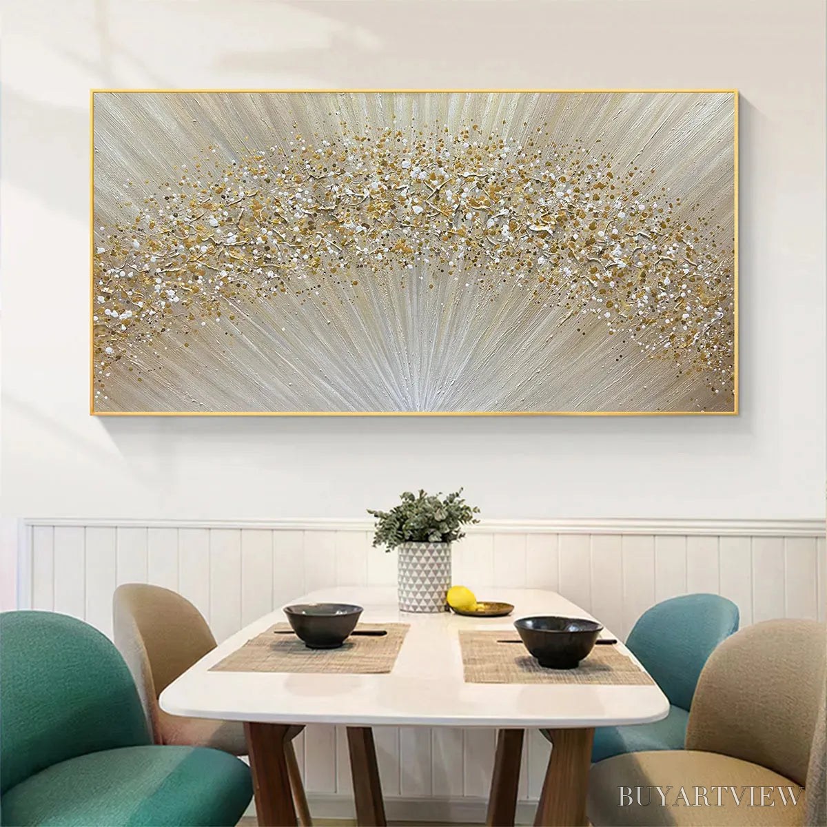 BUYARTVIEW Golden Aurora – Abstract Painting in Gold and Beige, Horizontal Canvas, Modern - image 2