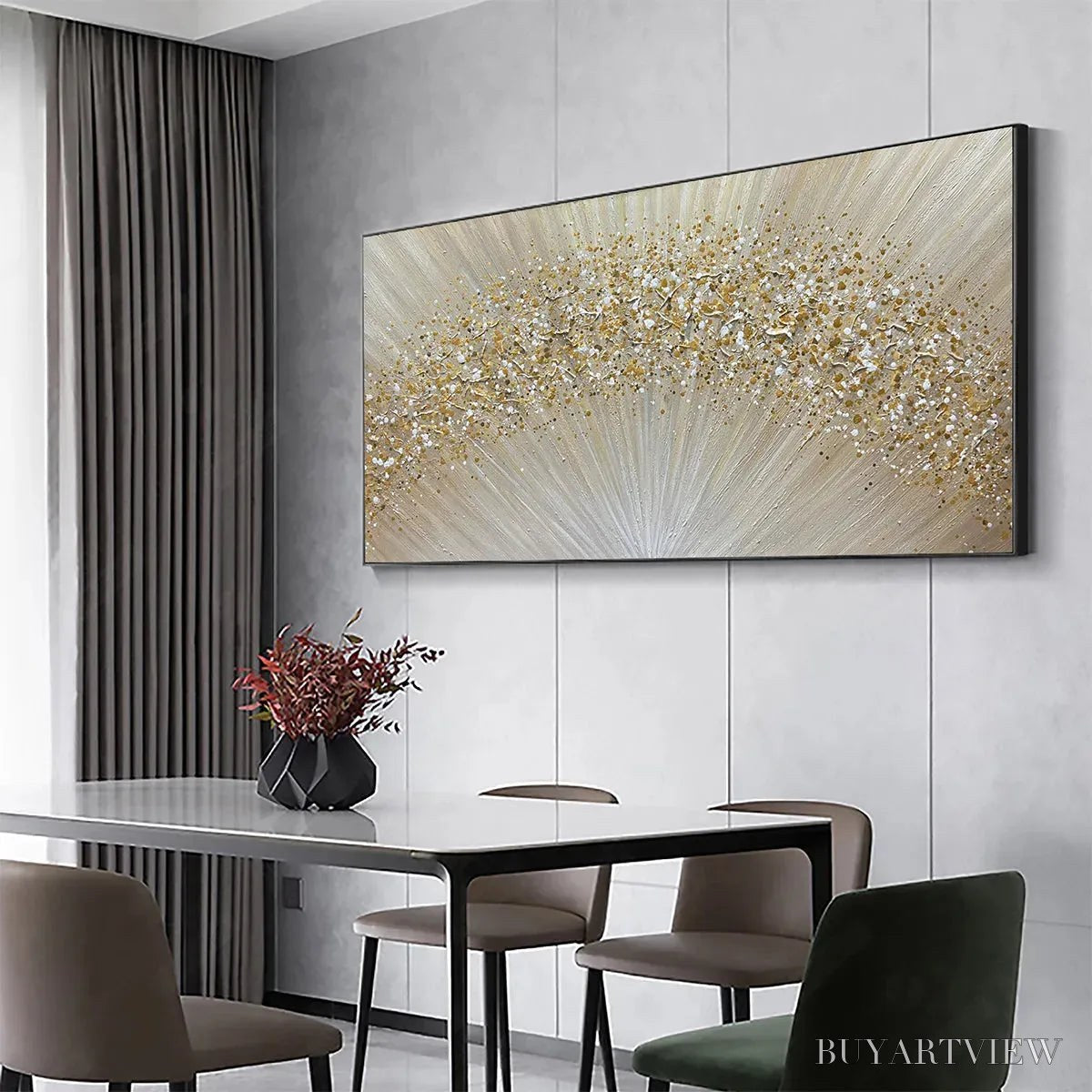 BUYARTVIEW Golden Aurora – Abstract Painting in Gold and Beige, Horizontal Canvas, Modern - image 4