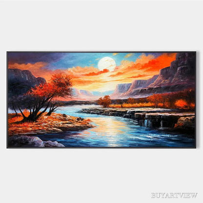 BUYARTVIEW Autumn River – Landscape Painting of a River at Sunset, Mountains, and Autumn Trees, Modern - image 1