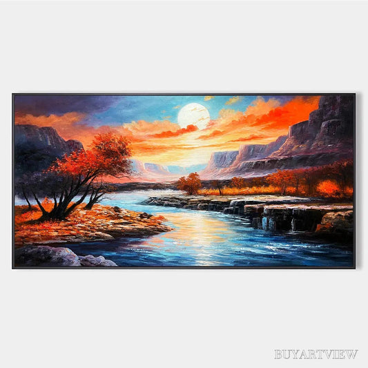 BUYARTVIEW Autumn River – Landscape Painting of a River at Sunset, Mountains, and Autumn Trees, Modern - image 1