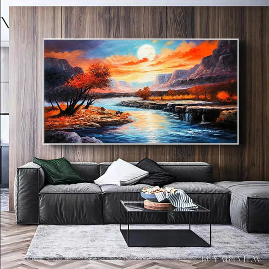 BUYARTVIEW Autumn River – Landscape Painting of a River at Sunset, Mountains, and Autumn Trees, Modern - image 2
