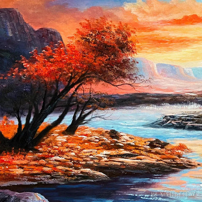 BUYARTVIEW Autumn River – Landscape Painting of a River at Sunset, Mountains, and Autumn Trees, Modern - image 3