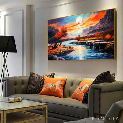 BUYARTVIEW Autumn River – Landscape Painting of a River at Sunset, Mountains, and Autumn Trees, Modern - image 4