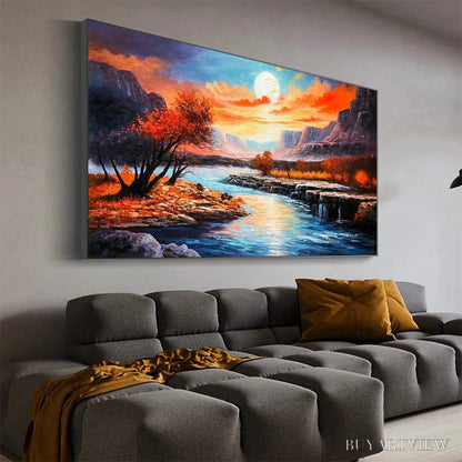 BUYARTVIEW Autumn River – Landscape Painting of a River at Sunset, Mountains, and Autumn Trees, Modern - image 5