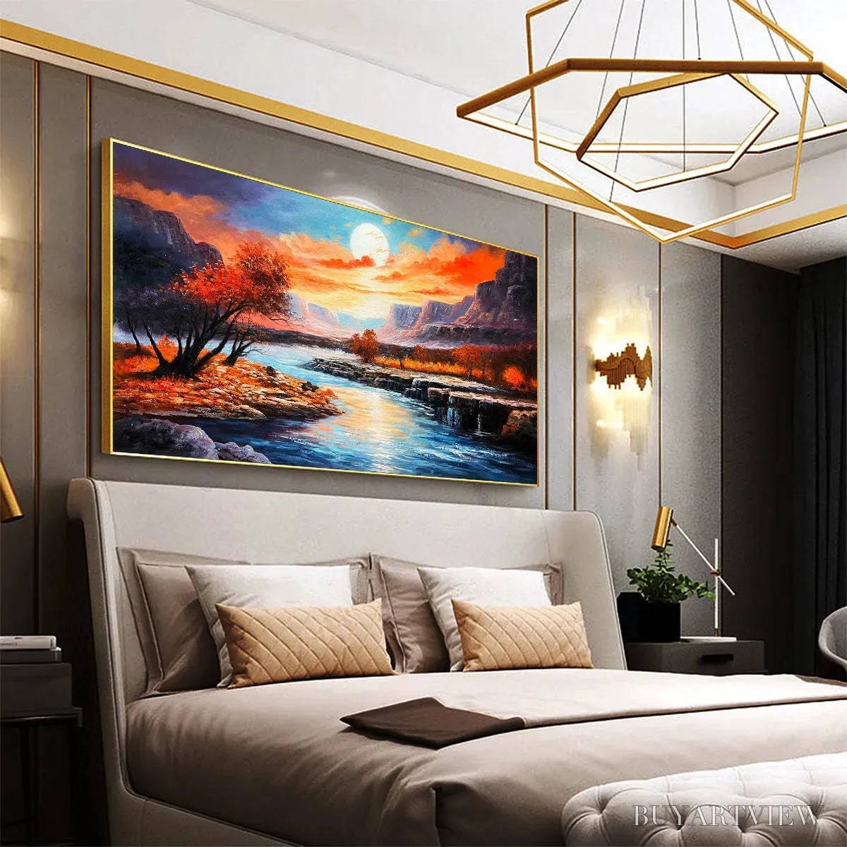 BUYARTVIEW Autumn River – Landscape Painting of a River at Sunset, Mountains, and Autumn Trees, Modern - image 6